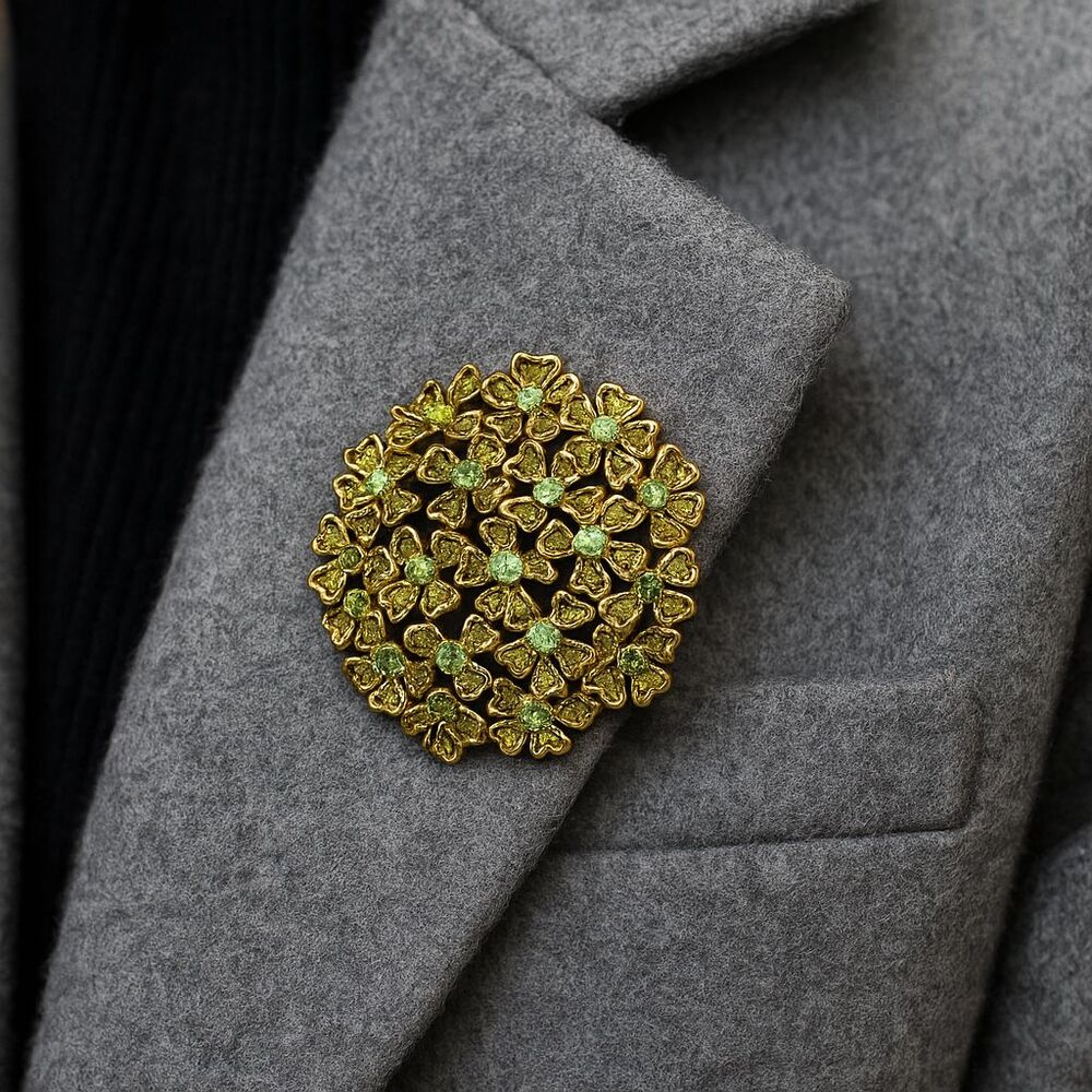 Vintage Mid Century Modern Gold Tone Brooch | Floral Motif | Rhinestone & Pearl